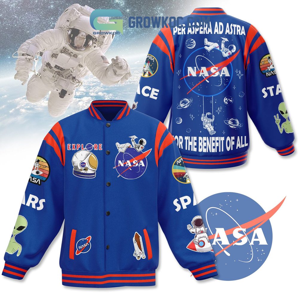 Explore Space Style: Nasa Astronaut Varsity Jacket With Patches - Bold Blue Design