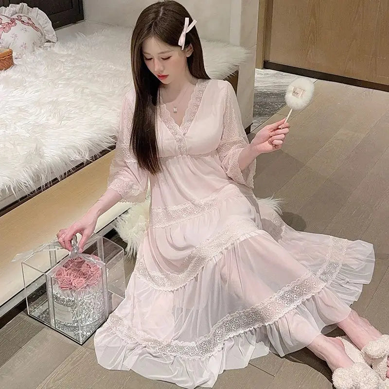 2026 Summer Short Sleeve Sexy Lace V-neck Cotton Nightgowns for Women Korean Cute Sleepwear Night Dress Nightdress Home Nighty