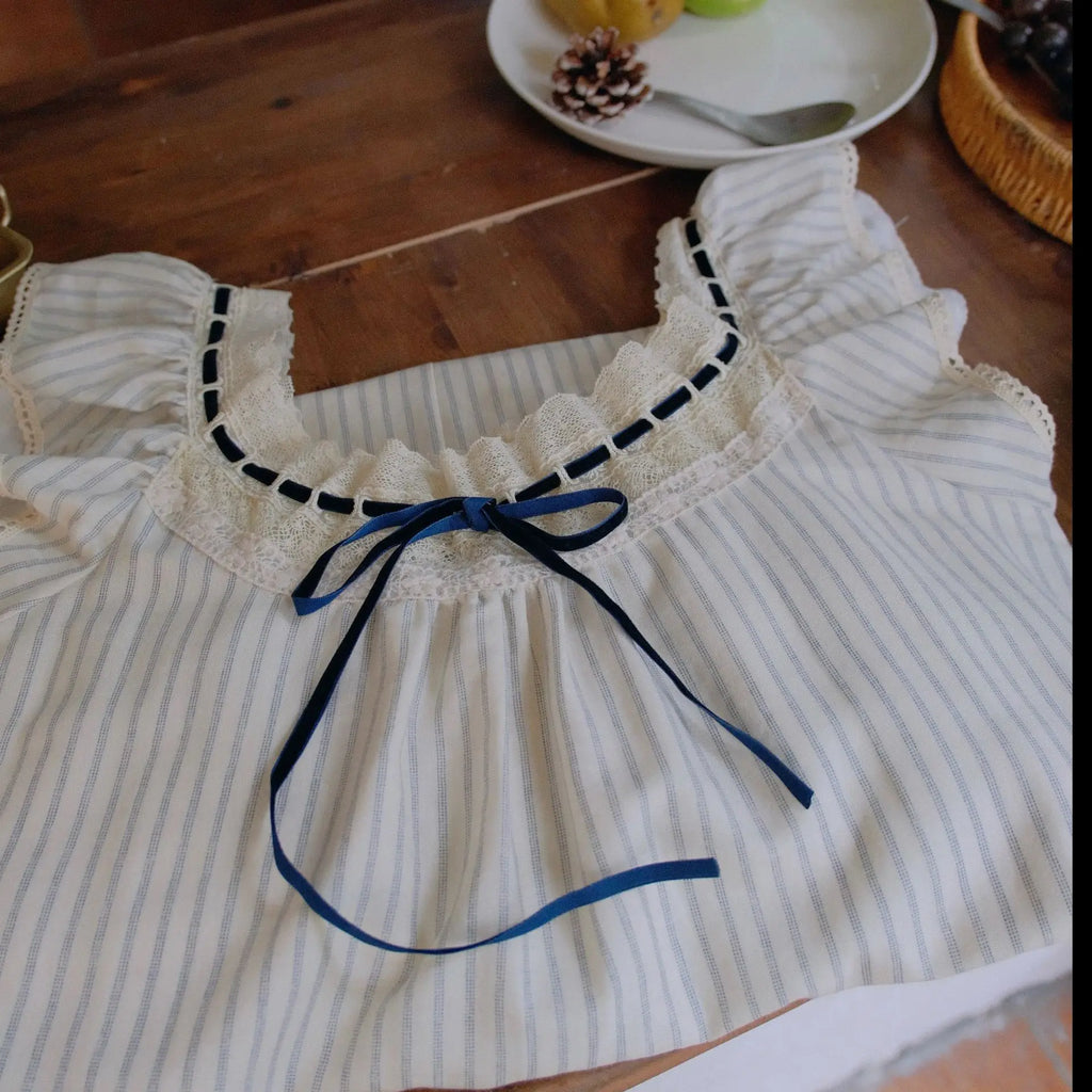 2026 Summer Flying Sleeve Nightdress Simple Striped Short Sleeve Casual Loungewear Can Be Worn Outside Long Skirt