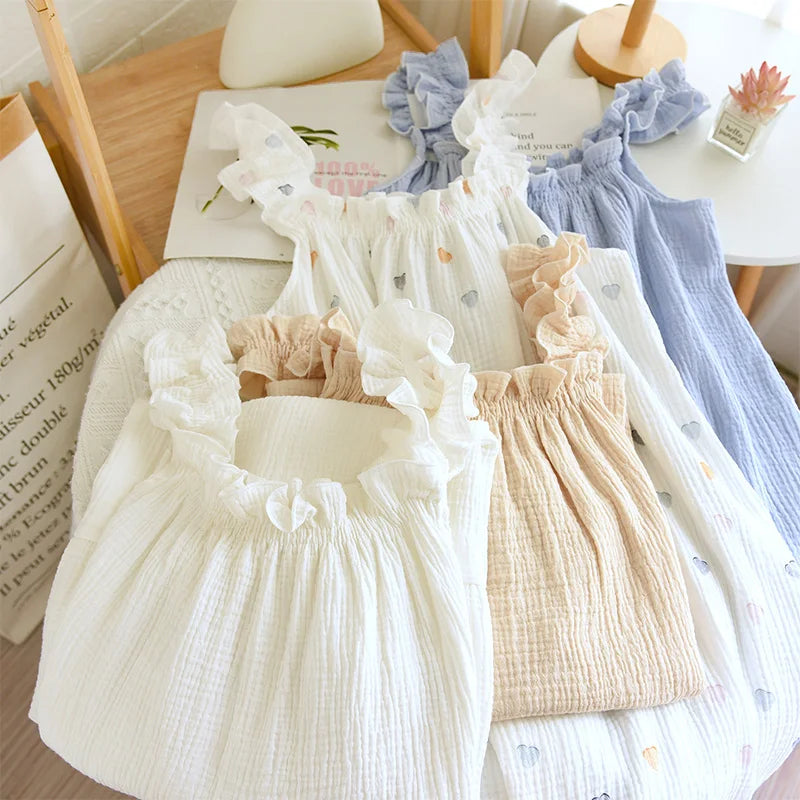 2026 new women's summer cotton yarn, pure cotton suspender sleepwear loose medium to long sweet and cute long skirt home wear