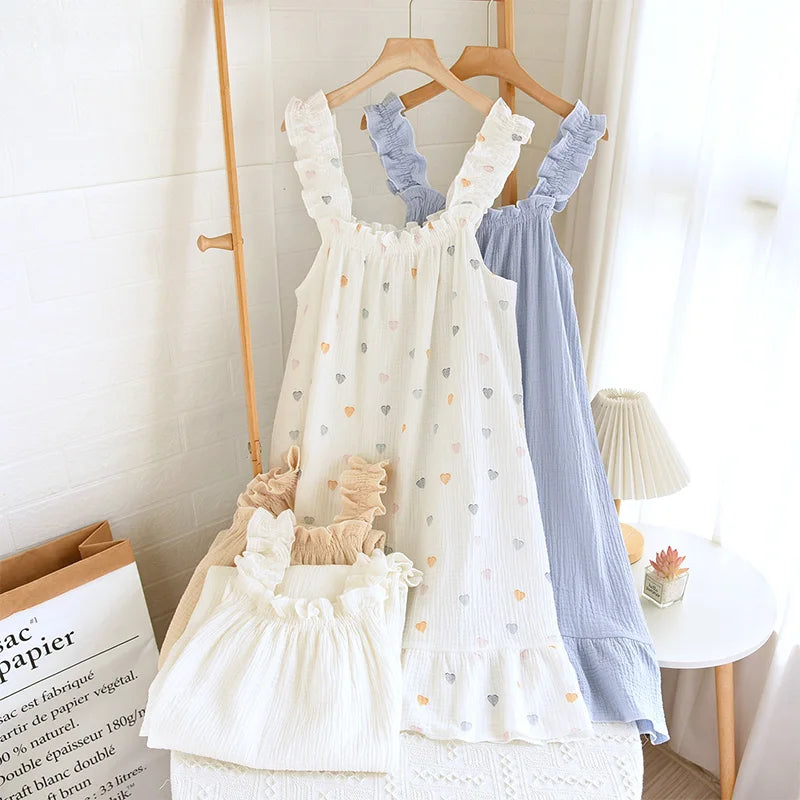2026 new women's summer cotton yarn, pure cotton suspender sleepwear loose medium to long sweet and cute long skirt home wear