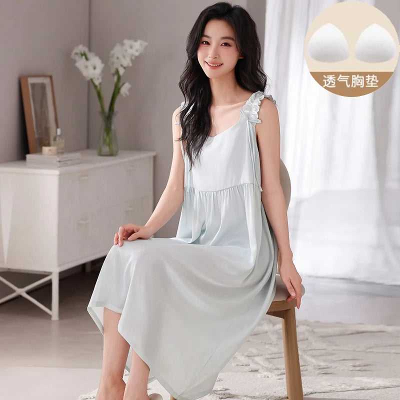 2026 Summer Sexy Lingerie Sleeveless Vest Ice Silk Nightgowns for Women Korean Cute Sleepwear Night Dress Nightdress Home Nighty