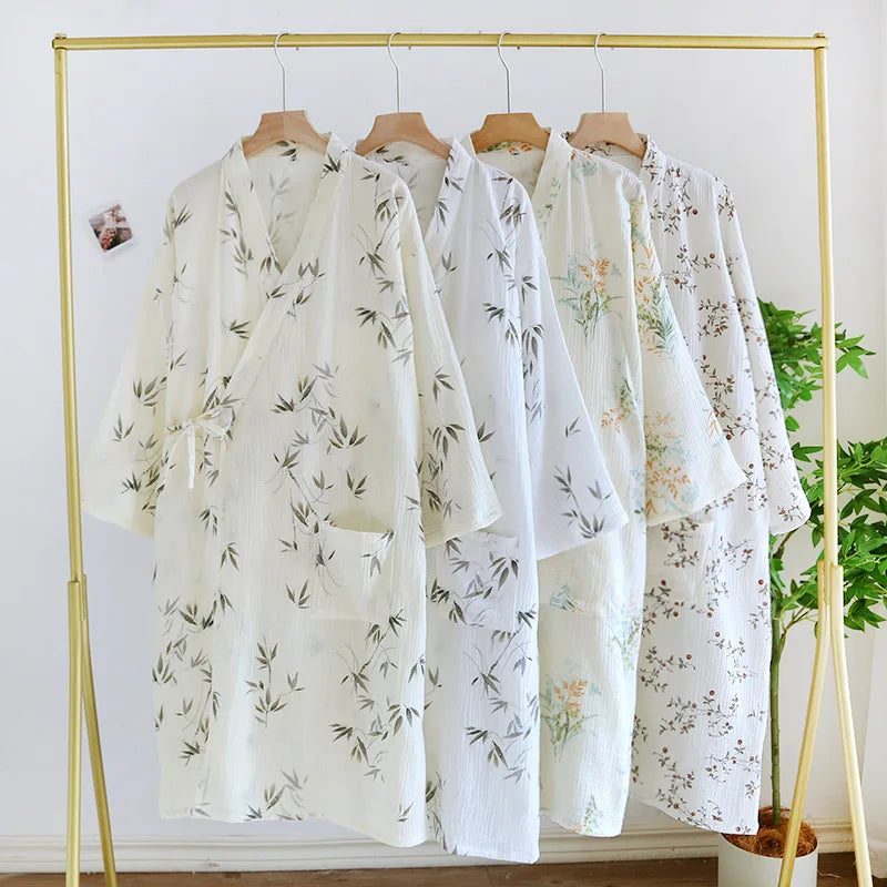 2026 Japanese kimono spring/summer women's bathrobe 100% cotton pajama printed simple kimono bathrobe thin home clothing Ladies