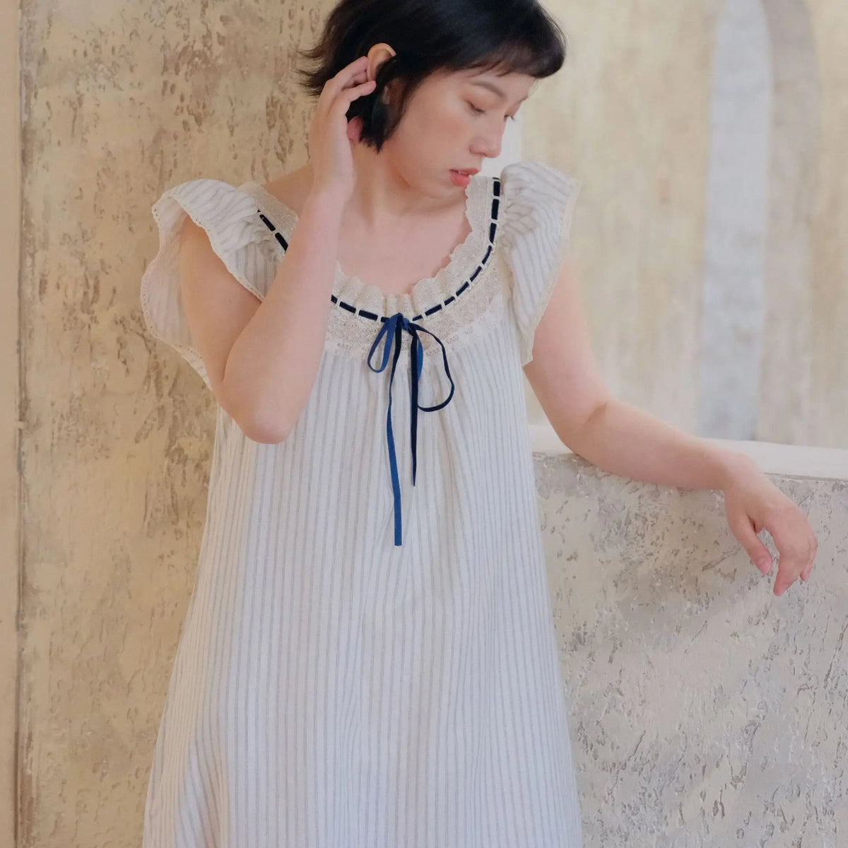 2026 Summer Flying Sleeve Nightdress Simple Striped Short Sleeve Casual Loungewear Can Be Worn Outside Long Skirt