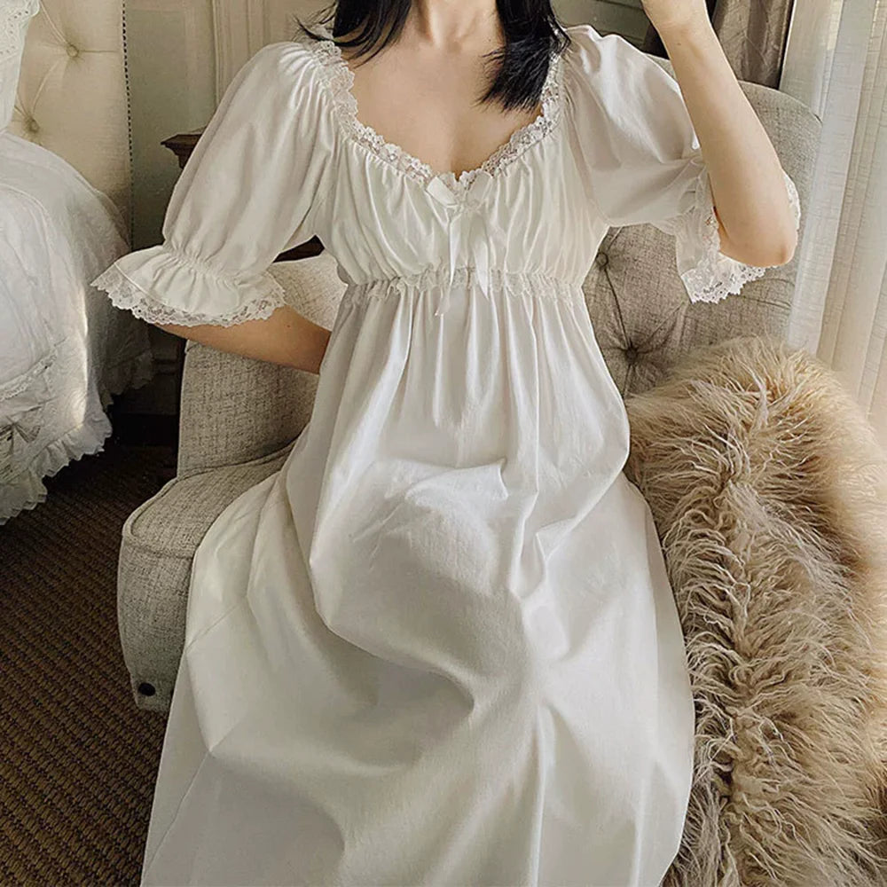 2026 Summer New Princess Sweet Long White With Chest Pad Lace Sexy Pajamas Home Dress Short Sleeve Nightgown Women Nightdress