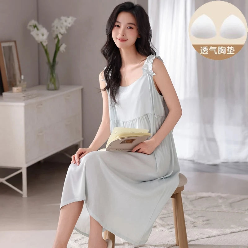 2026 Summer Sexy Lingerie Sleeveless Vest Ice Silk Nightgowns for Women Korean Cute Sleepwear Night Dress Nightdress Home Nighty