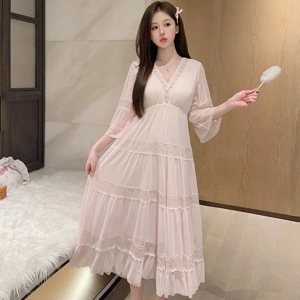 2026 Summer Short Sleeve Sexy Lace V-neck Cotton Nightgowns for Women Korean Cute Sleepwear Night Dress Nightdress Home Nighty