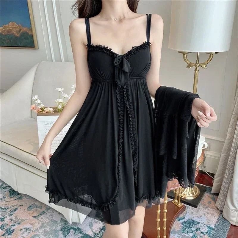 2026 Summer 2PCS Sexy Lace Lingerie Modal Mesh Nightgowns Robes Sets For Women Korean Bathrobes Sleepwear Nightdress Night Dress
