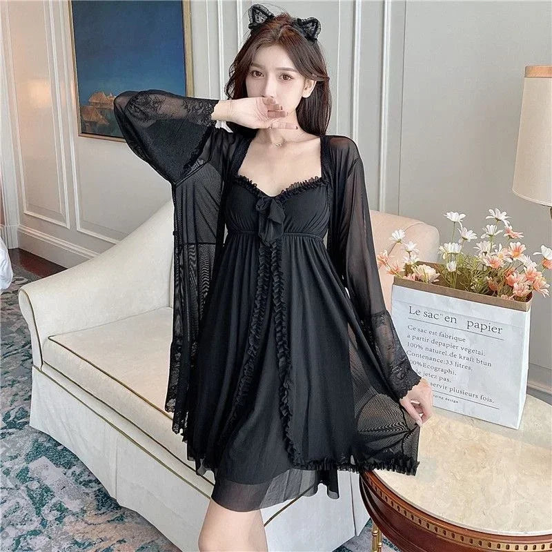 2026 Summer 2PCS Sexy Lace Lingerie Modal Mesh Nightgowns Robes Sets For Women Korean Bathrobes Sleepwear Nightdress Night Dress